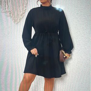 Plus frill neck lantern sleeve belted dress